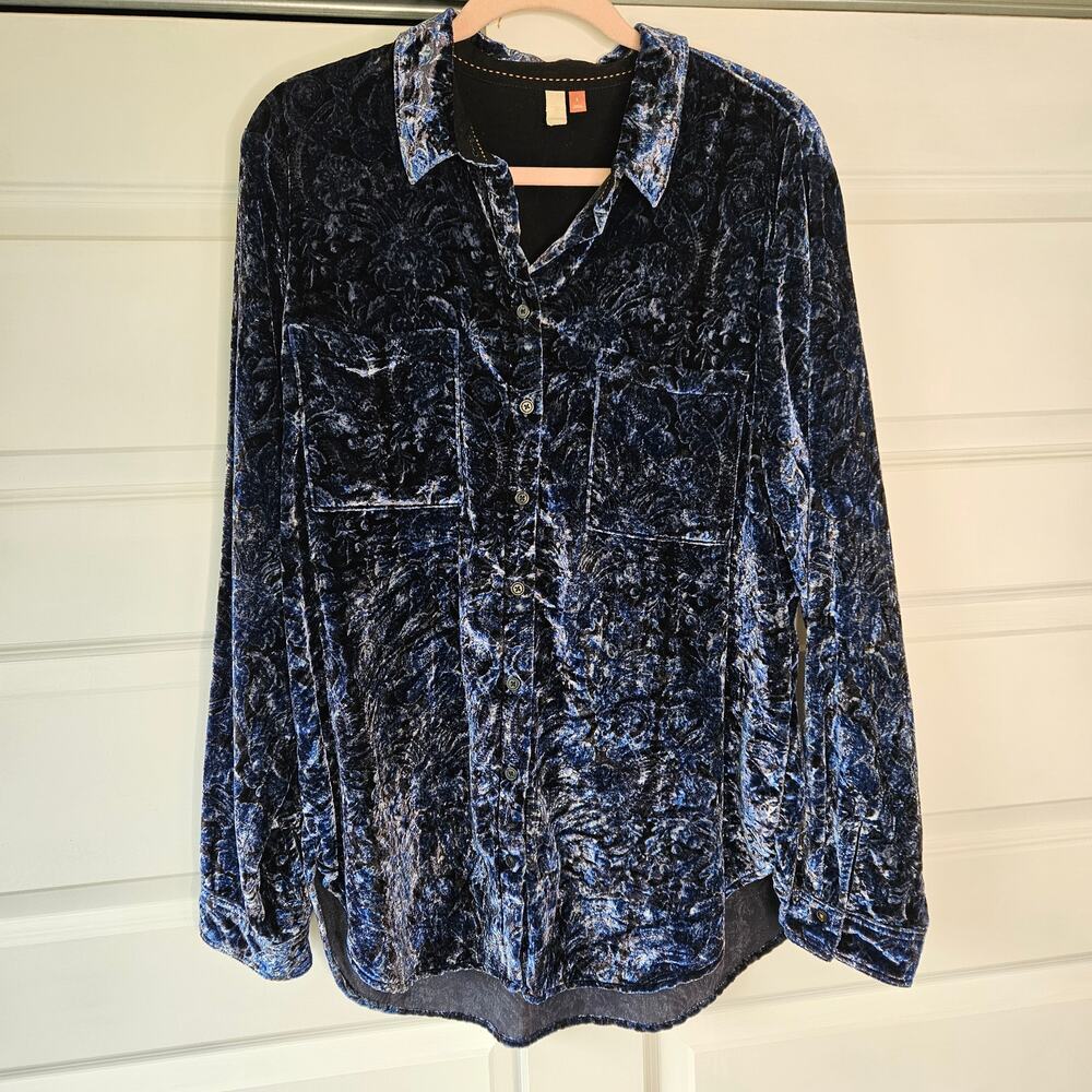 Anthropologie Pilcro Relaxed Velvet Buttondown Shirt Blue Large - Picture 2 of 8